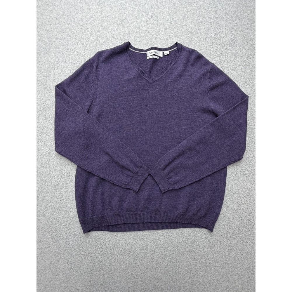 Calvin Klein Mens Large Purple Extra Fine Merino Wool V Neck Pullover‎ Sweater